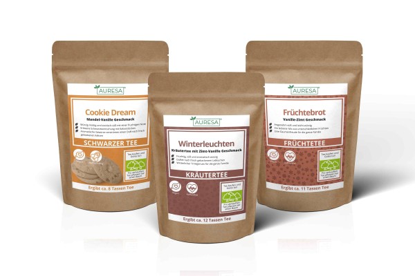 Früchtetee Früchtebrot, Kräutertee Winterleuchten und Schwarztee Großmutters Backstube