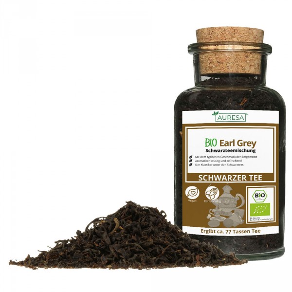 Loose black tea organic Earl Gray in a glass