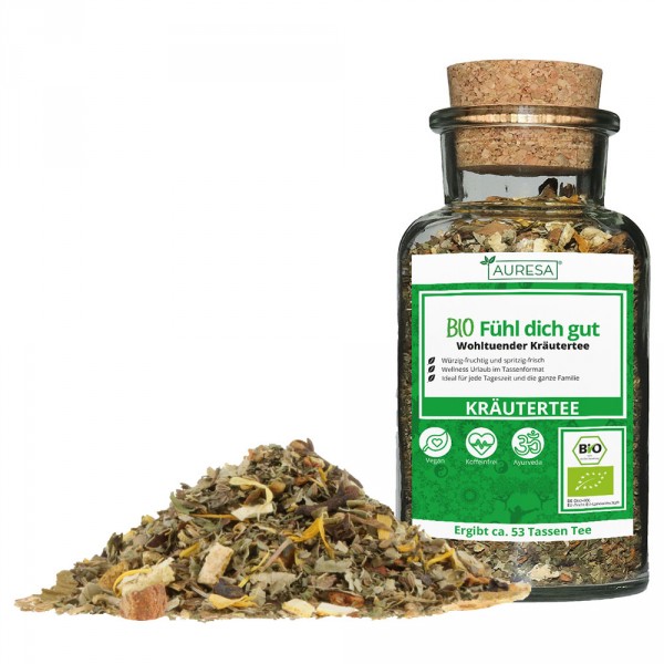 Loose organic Fühl dich gut herbal tea in a glass