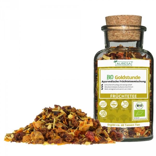 Loose Ayurveda organic Bio Goldstunde fruit tea with glass