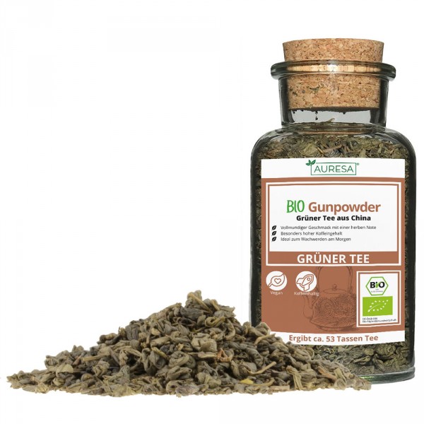 Loose green tea organic Gunpowder in a glass