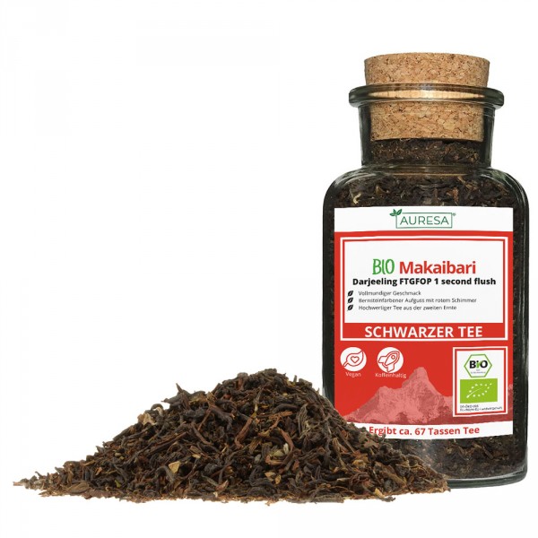 Loose black tea organic Makaibari Darjeeling in a glass