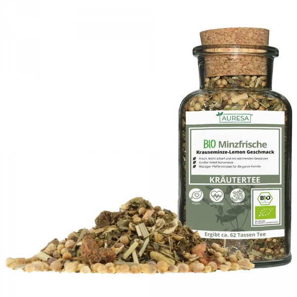 Loose organic Minzfrische herbal tea in a glass