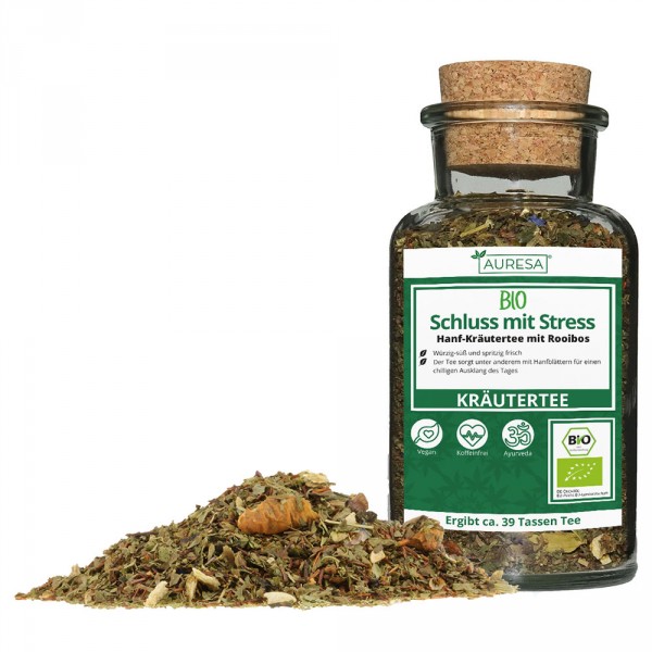 Organic loose herbal tea Schluss mit Stress in the glass