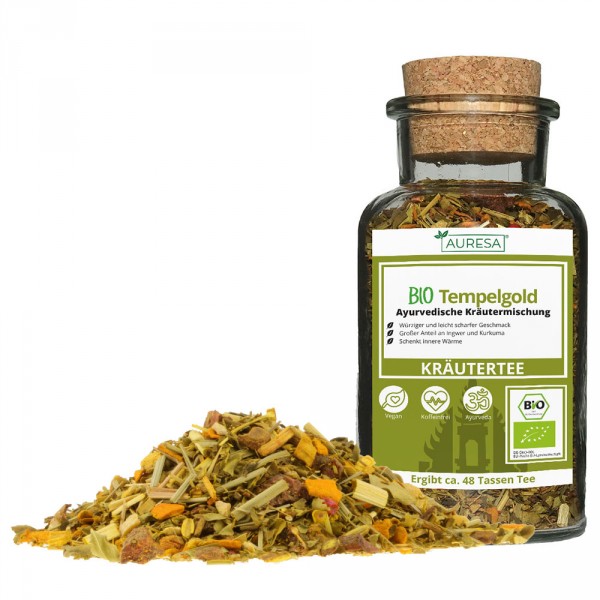 Ayurveda loose herbal tea Bio Tempelgold with glass