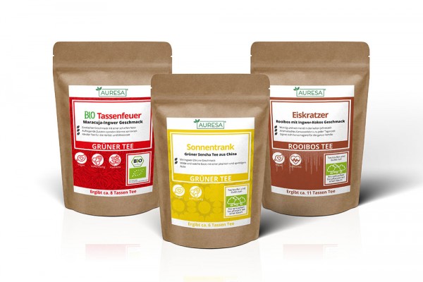 Rooibos Tee Eiskratzer, Grüner Tee Sencha Sonnentrank und Grüntee Bio Tassenfeuer