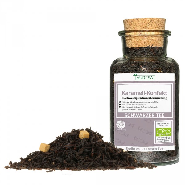 Flavored loose black tea Karamell-Konfekt in a glass