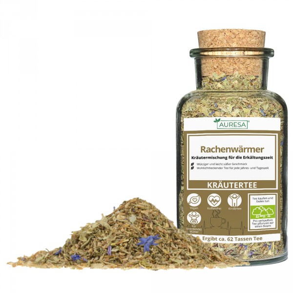 Loose herbal tea Rachenwärmer with glass